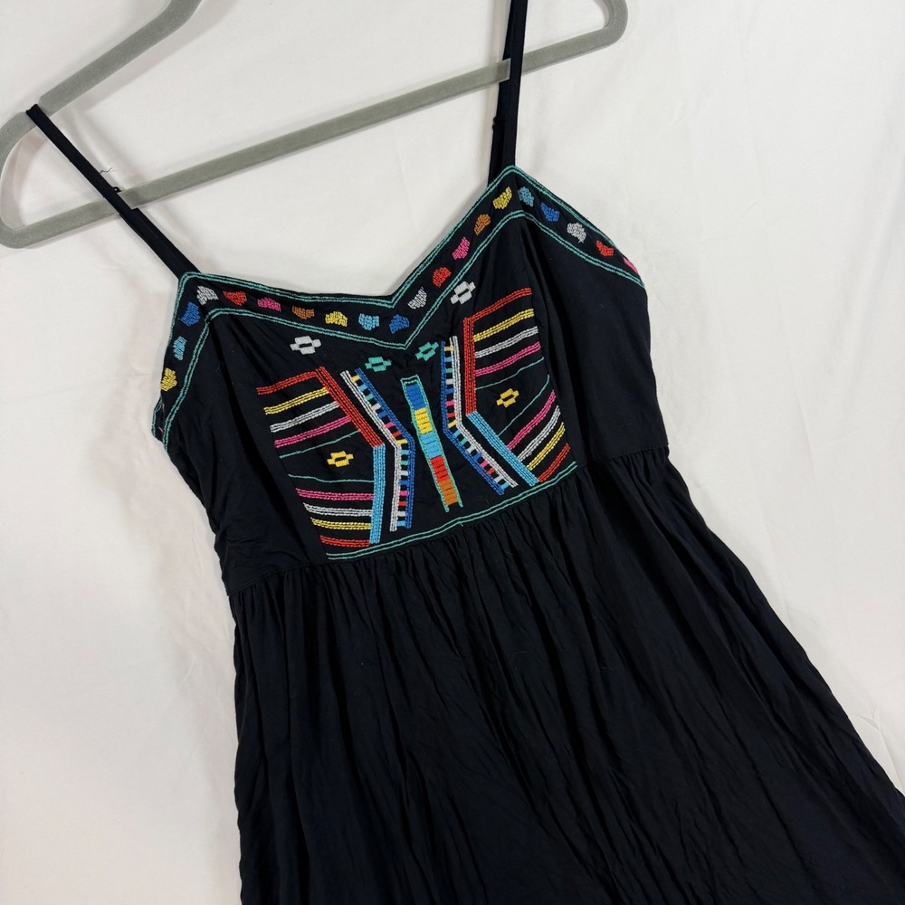 Babydoll Black Embroidered Boho Mini Dress‎ Sleeveless Tribal Women's Large